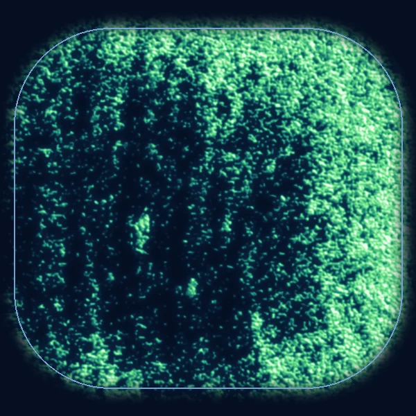 A camera scan of a tagged lens, every glowing speck a crystal