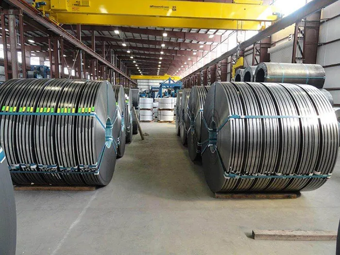 Coils of rolled aluminum in a plant